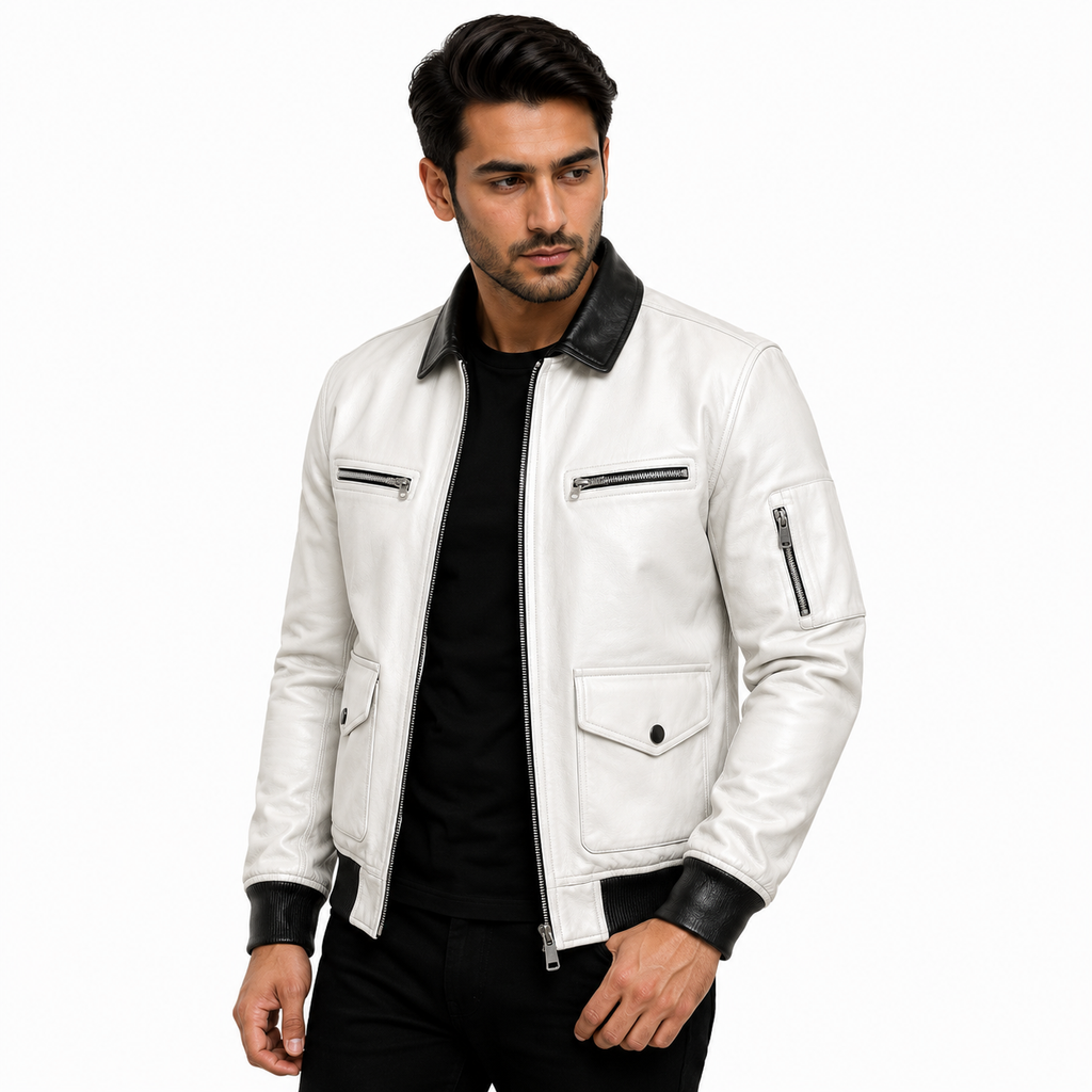 Men's white leather flight bomber jacket