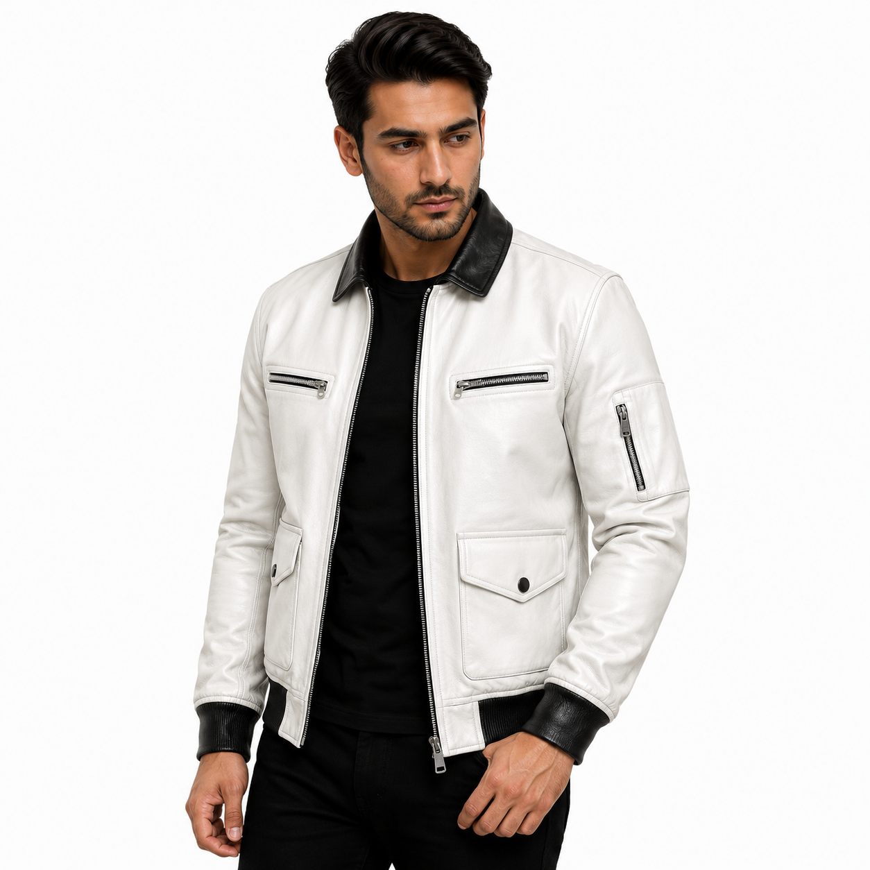 Men's white leather flight bomber jacket
