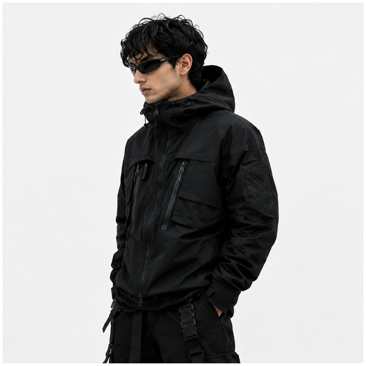 Men's Stealth Black Techwear Hooded Tactical Windbreaker