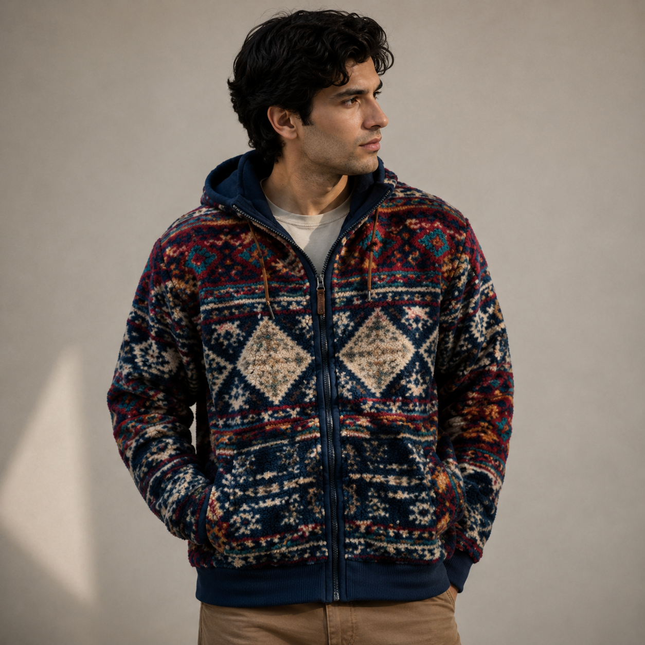 Men's Navy Aztec Diamond Sherpa Fleece Hooded Jacket 