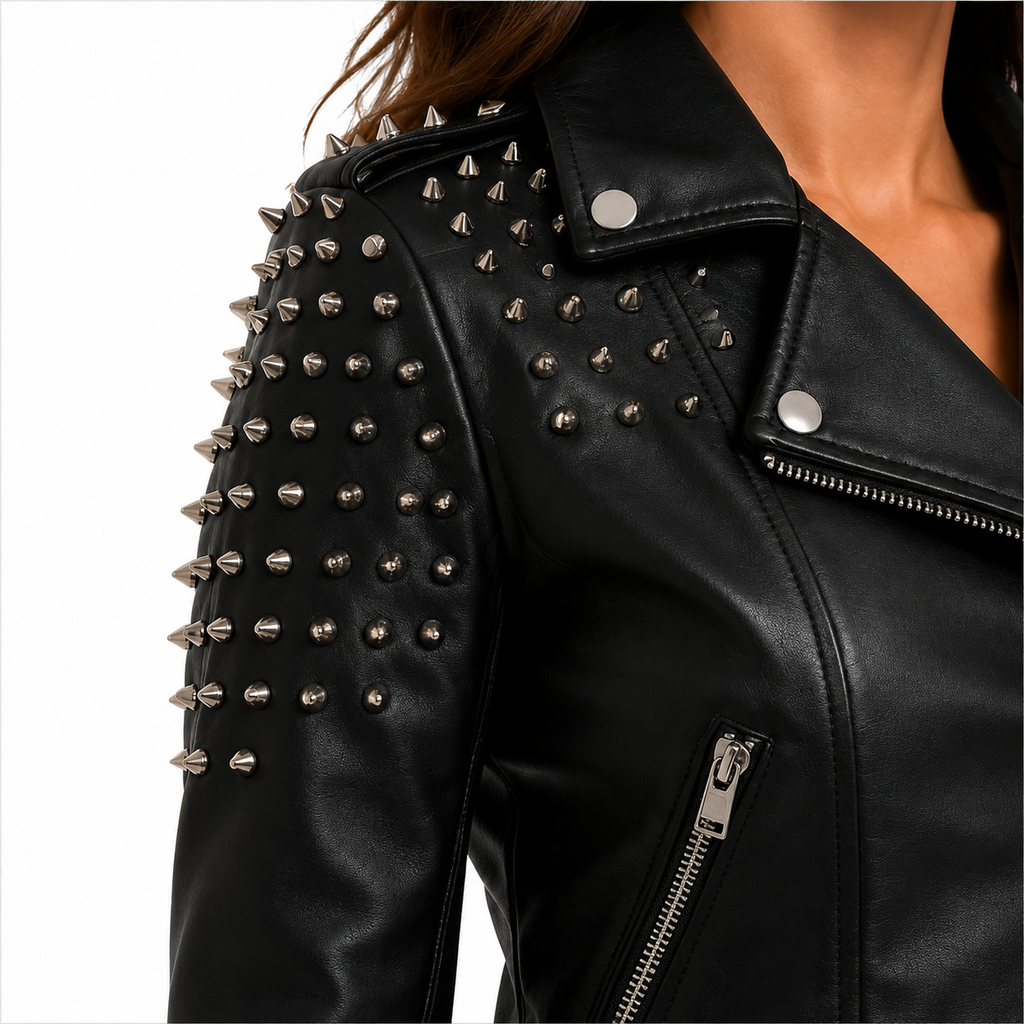 Silver Studs Detail on Shoulders of Leather Jacket