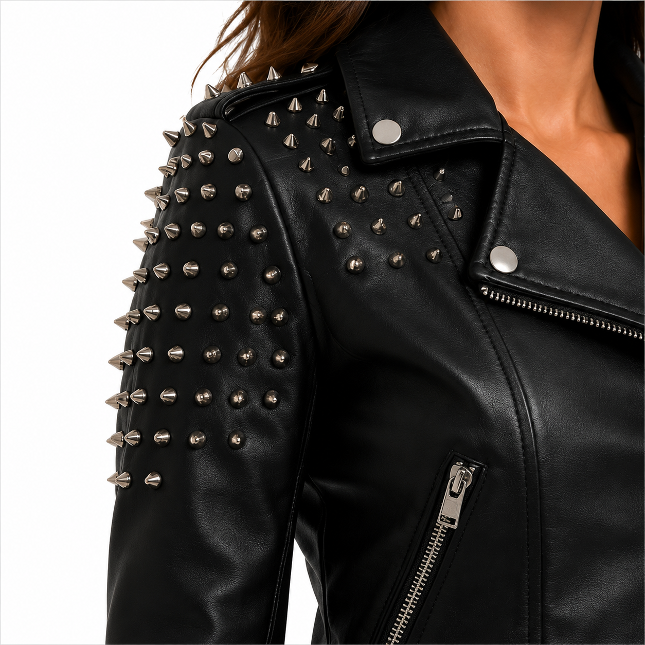 Silver Studs Detail on Shoulders of Leather Jacket
