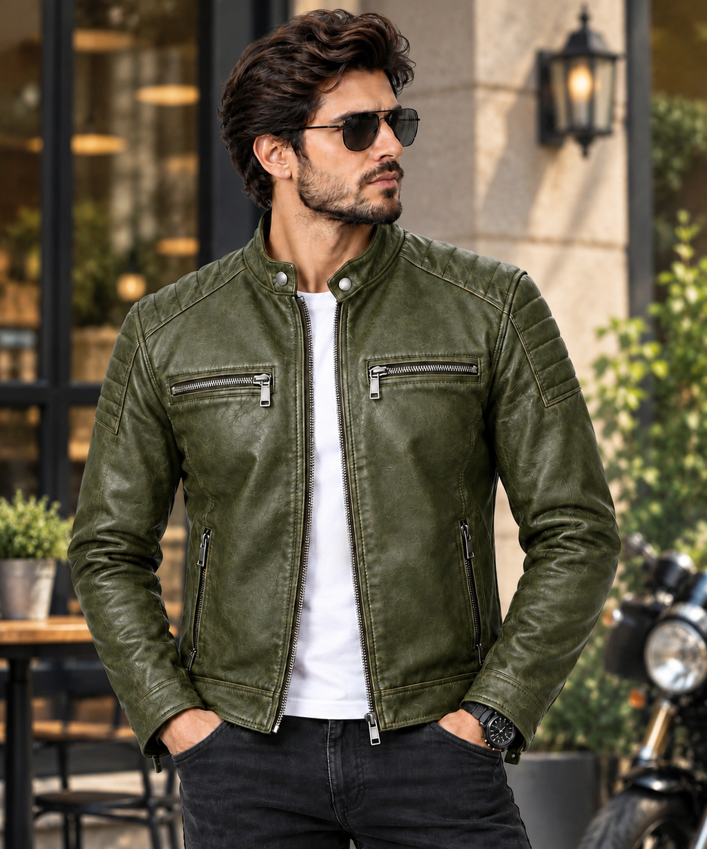 Olive Green Distressed Leather Biker Jacket for Men  Harvexa Leather
