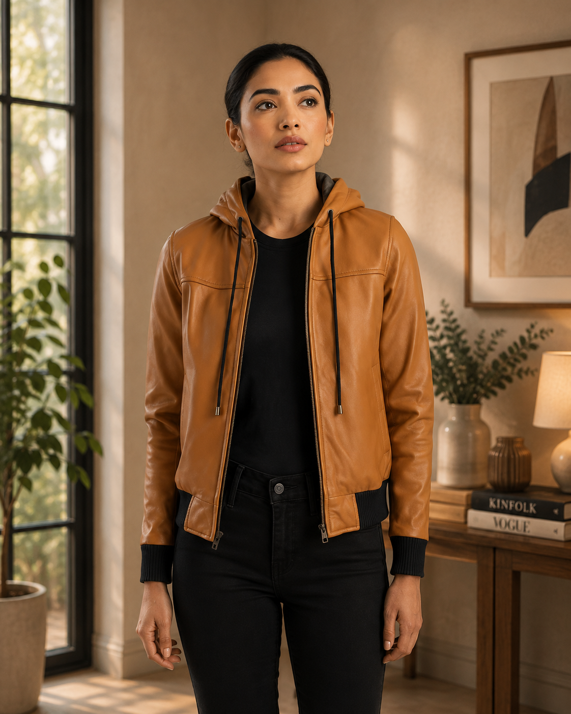 women's tan brown hooded leather jacket