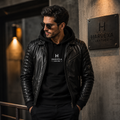 Men's hooded leather biker jacket
