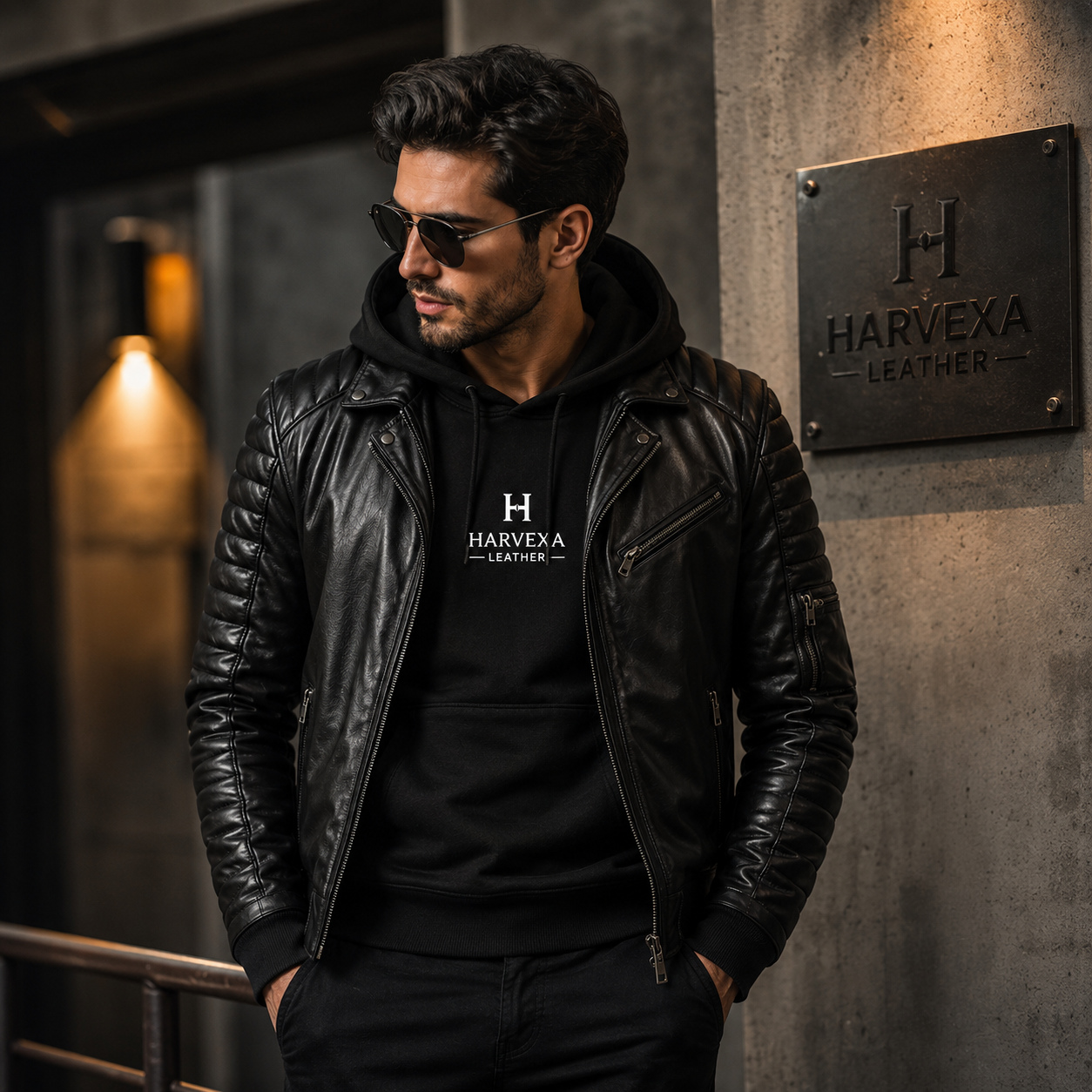 Men's hooded leather biker jacket