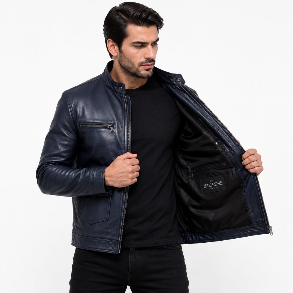 Men's navy blue leather café racer jacket
