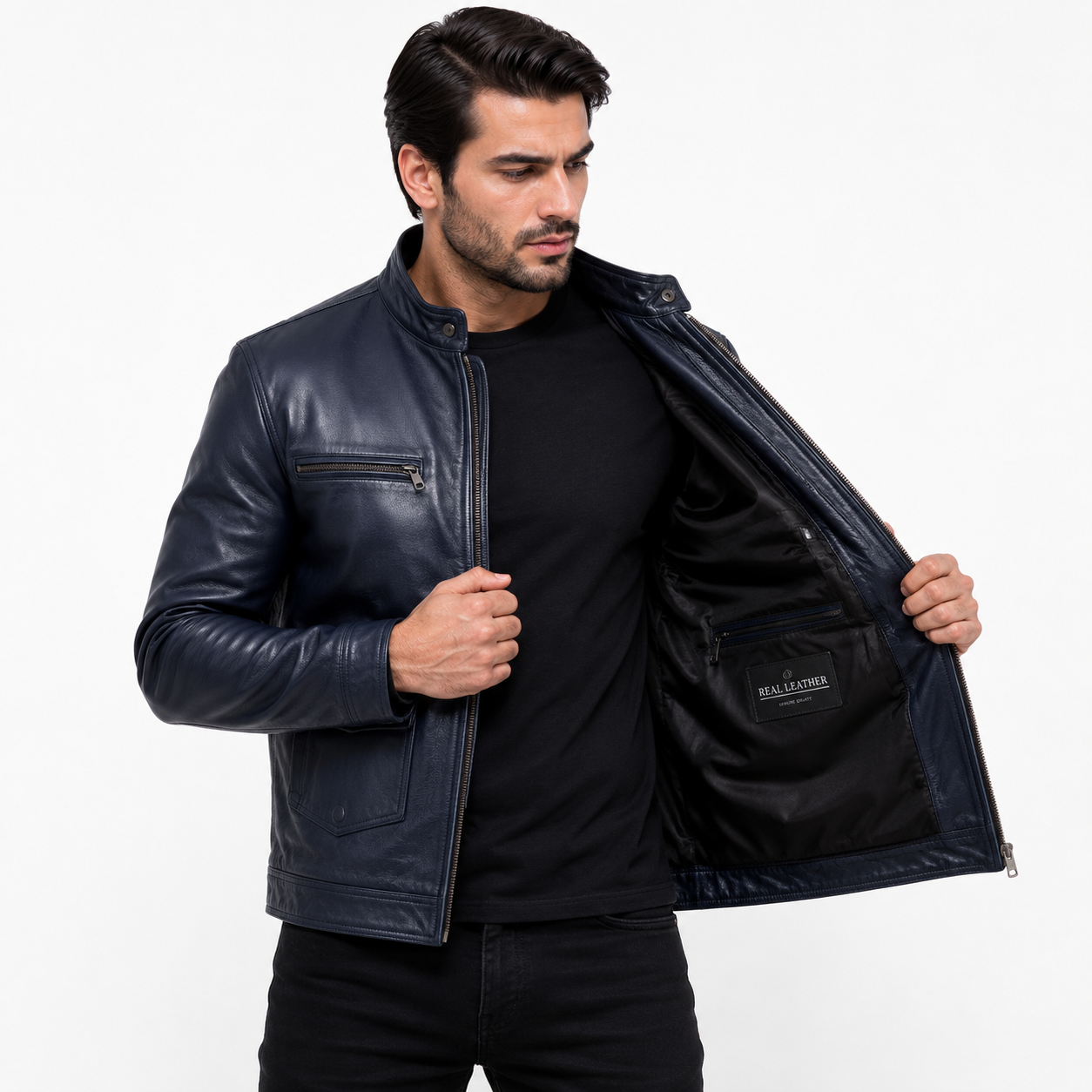 Men's navy blue leather café racer jacket