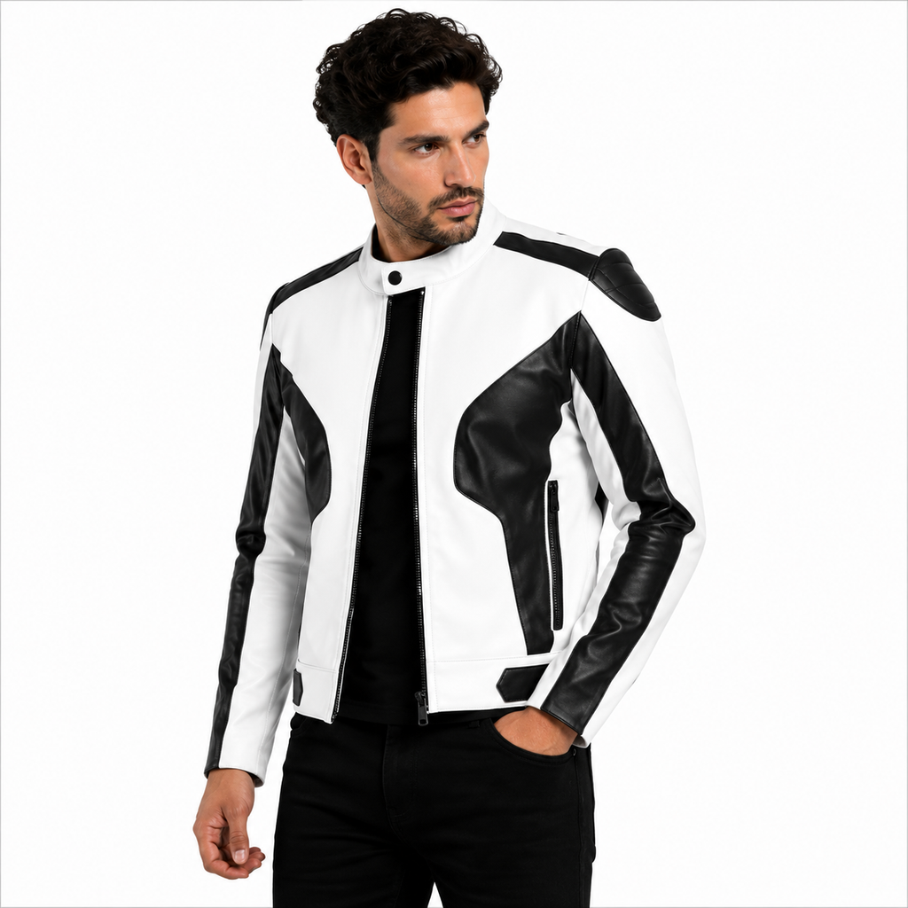 Men's White & Black Premium Leather Biker Jacket