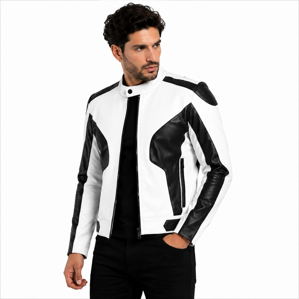 Men's White & Black Premium Leather Biker Jacket