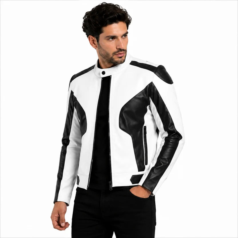 white and black racer jacket