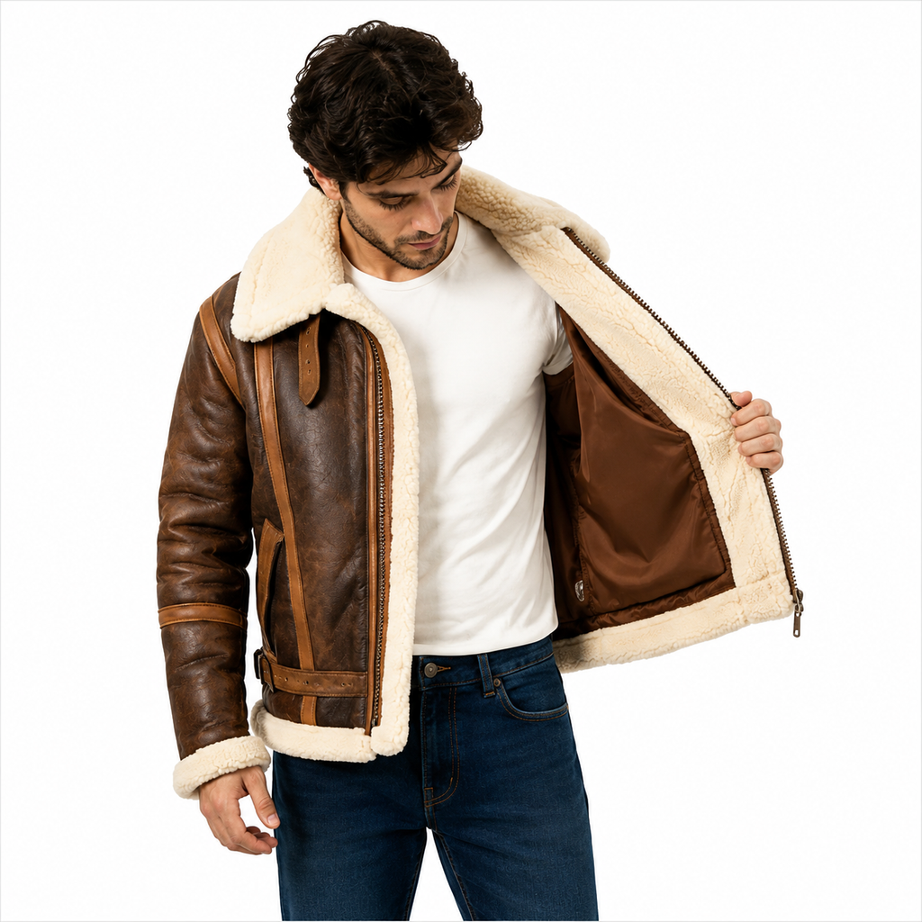 Men's vintage B-3 brown shearling leather aviator jacket
