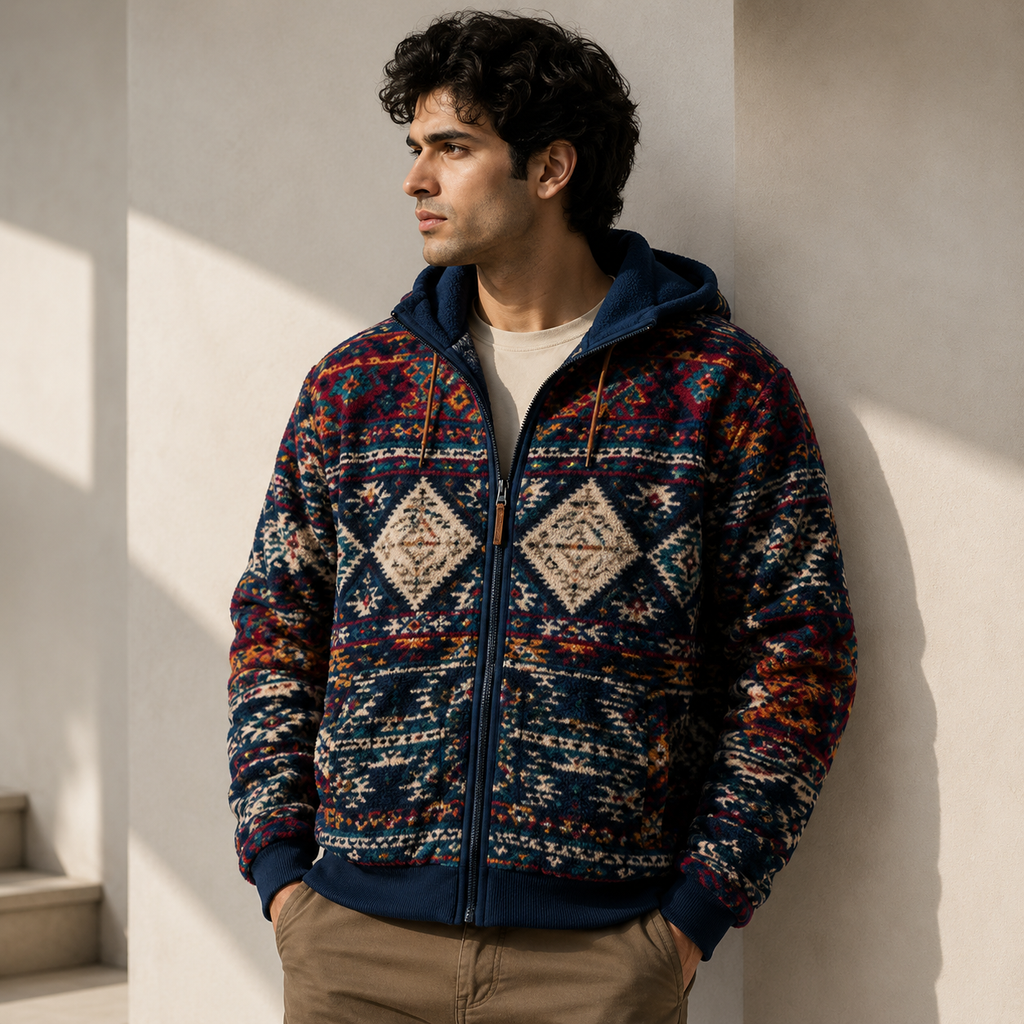 Men's Navy Aztec Diamond Sherpa Fleece Hooded Jacket 