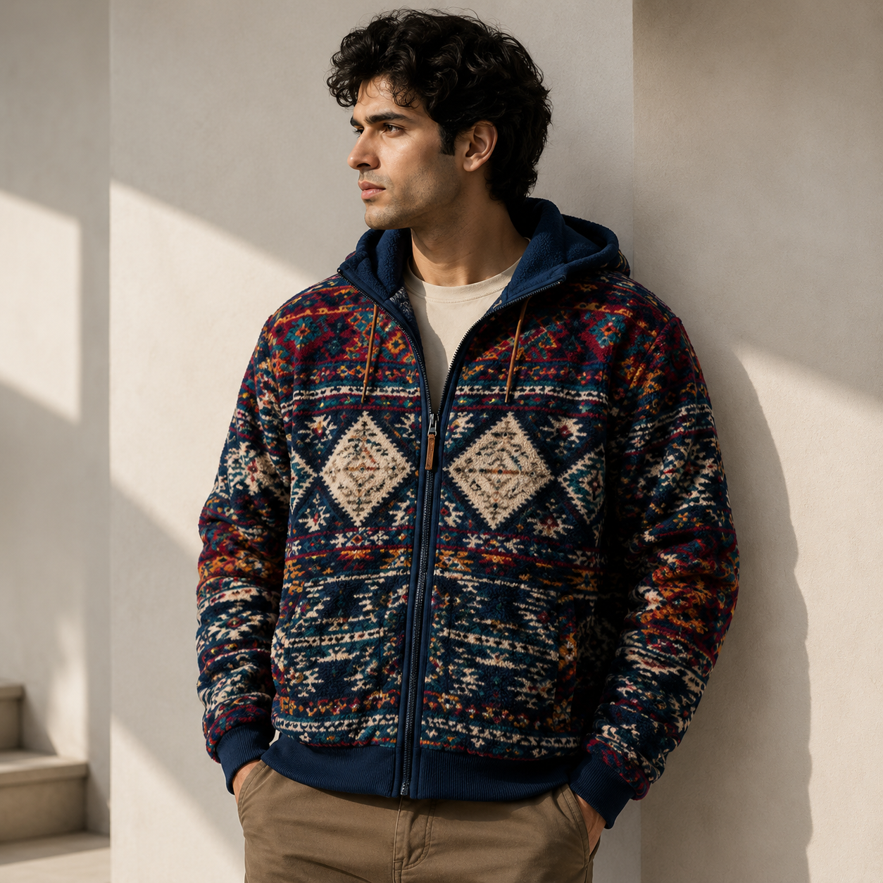 Men's Navy Aztec Diamond Sherpa Fleece Hooded Jacket 