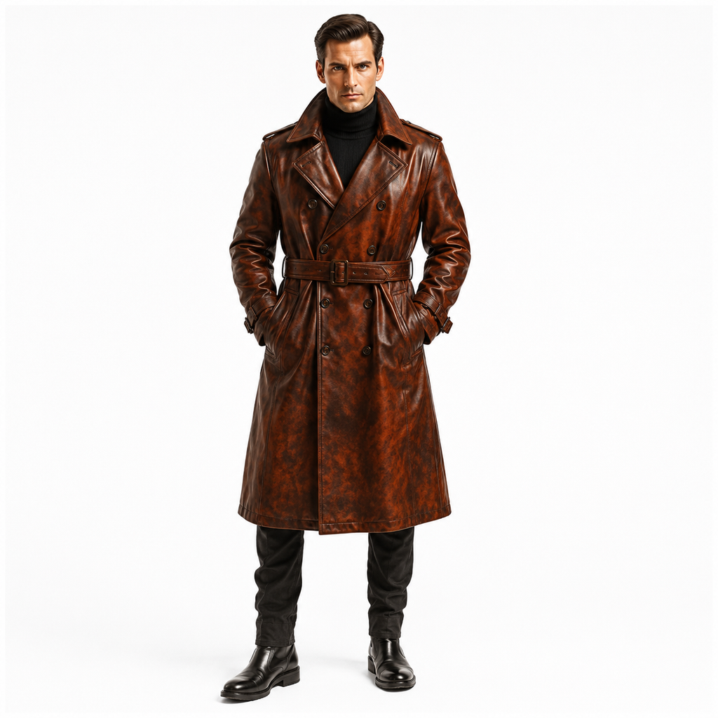 Men's Antique Brown Double Breasted Leather Trench Coat Full Length