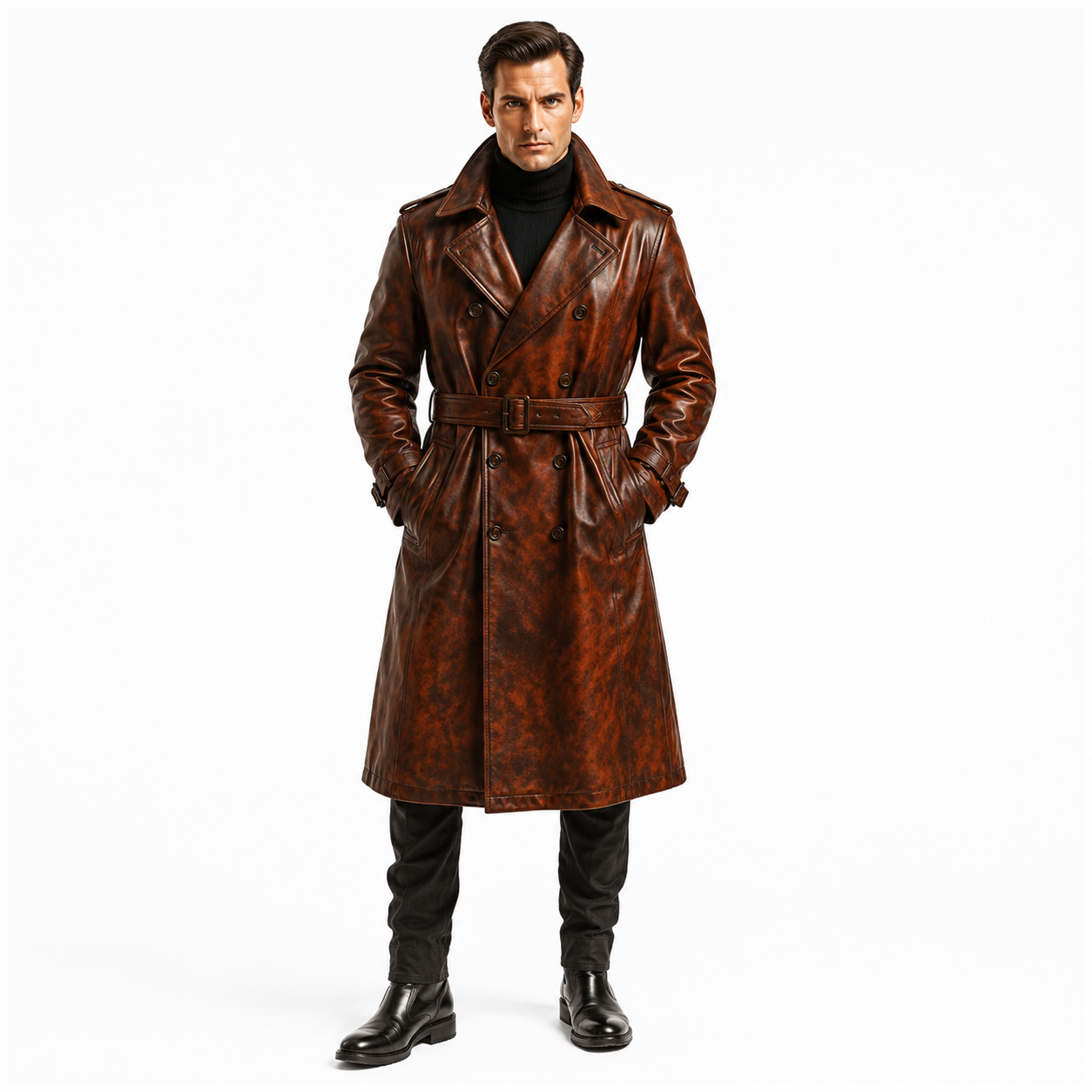 Men's Antique Brown Double Breasted Leather Trench Coat Full Length