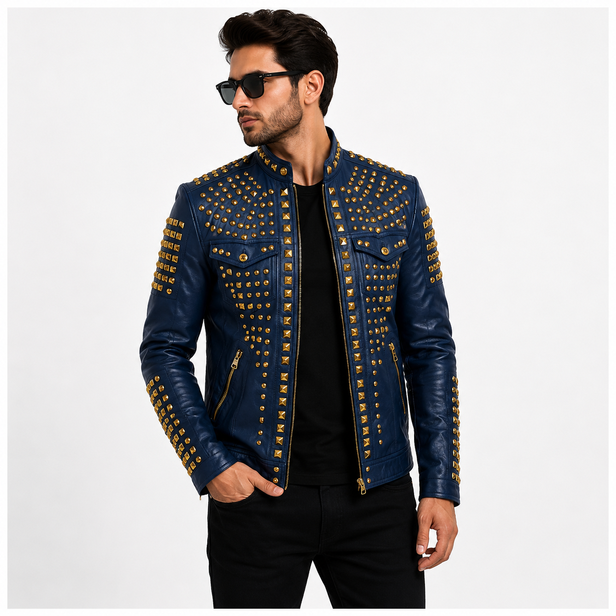 Men's Royal Blue Studded Leather Jacket