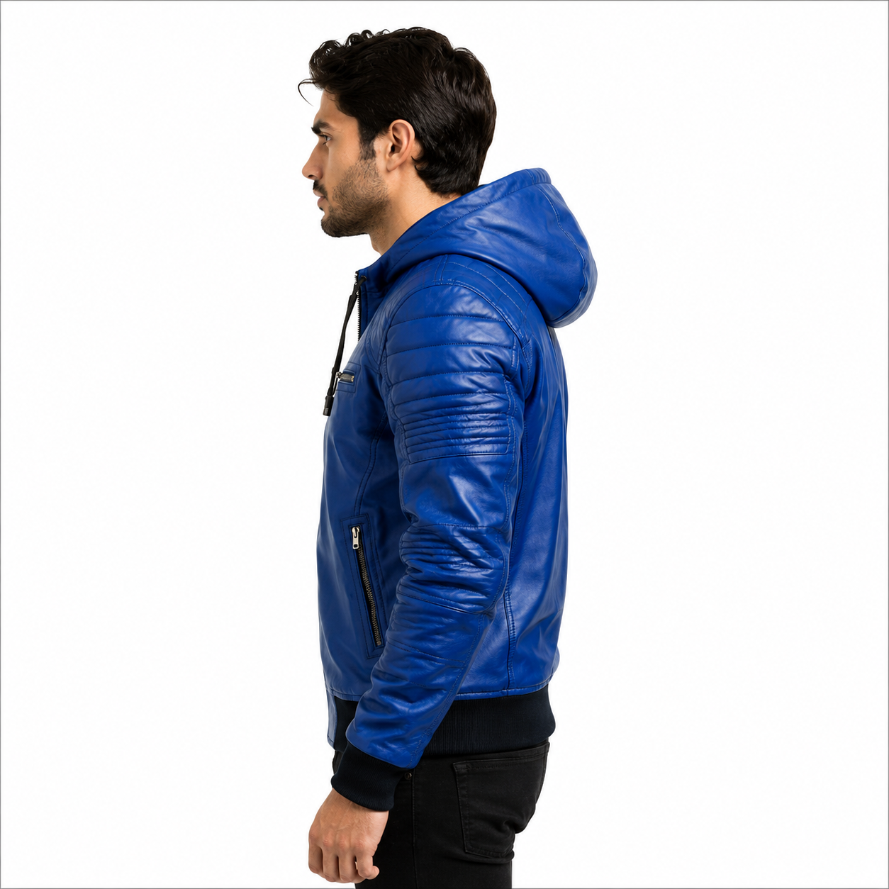 Men's Royal Blue Hooded Leather Jacket Streetwear Outfit