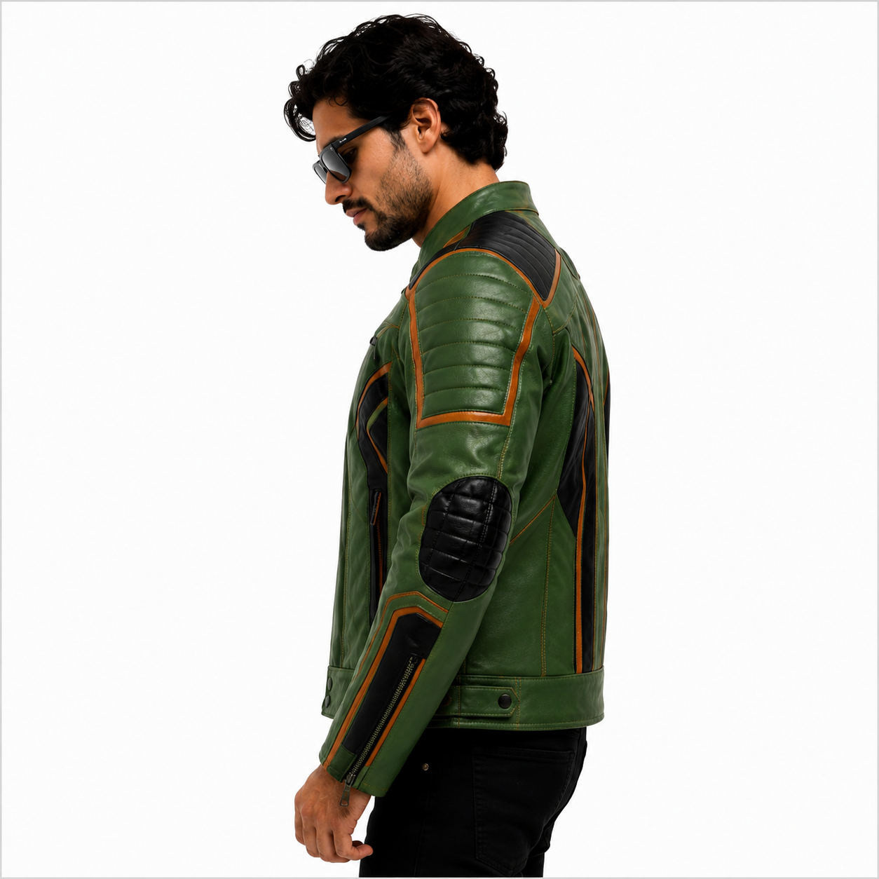 Men's Green & Black Racer Leather Jacket with Quilted Shoulders