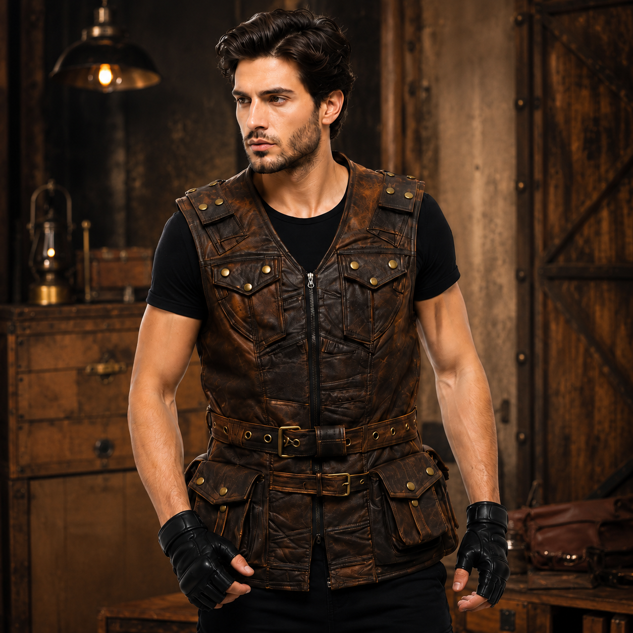 Steampunk Leather Vest for Men Biker Festival Outfit