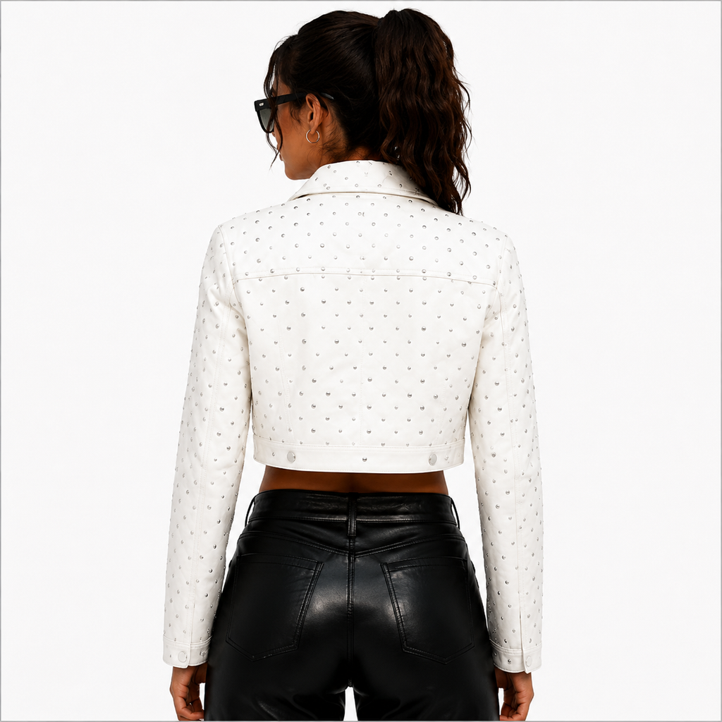 Women's Cropped Studded White Leather Jacket
