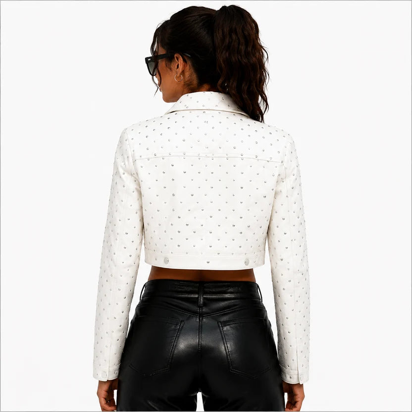 Women's White Studded Cropped Leather Jacket