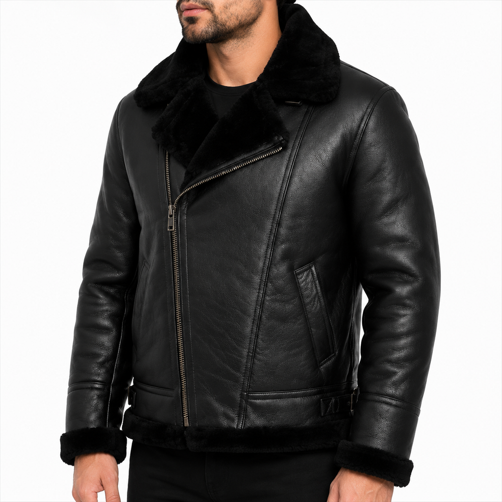 Men's Black Faux Shearling Aviator Biker Jacket