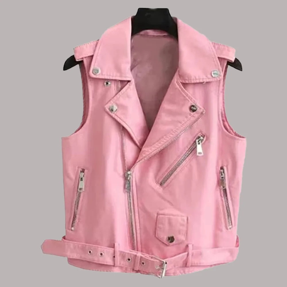 Women's Pink Leather Biker Vest