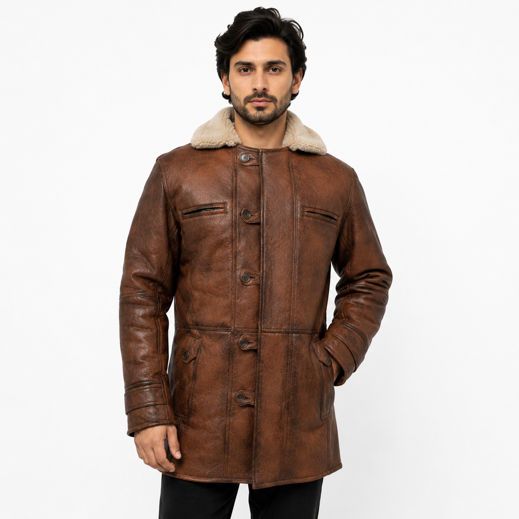 Men's Brown Faux Shearling Long Leather Coat