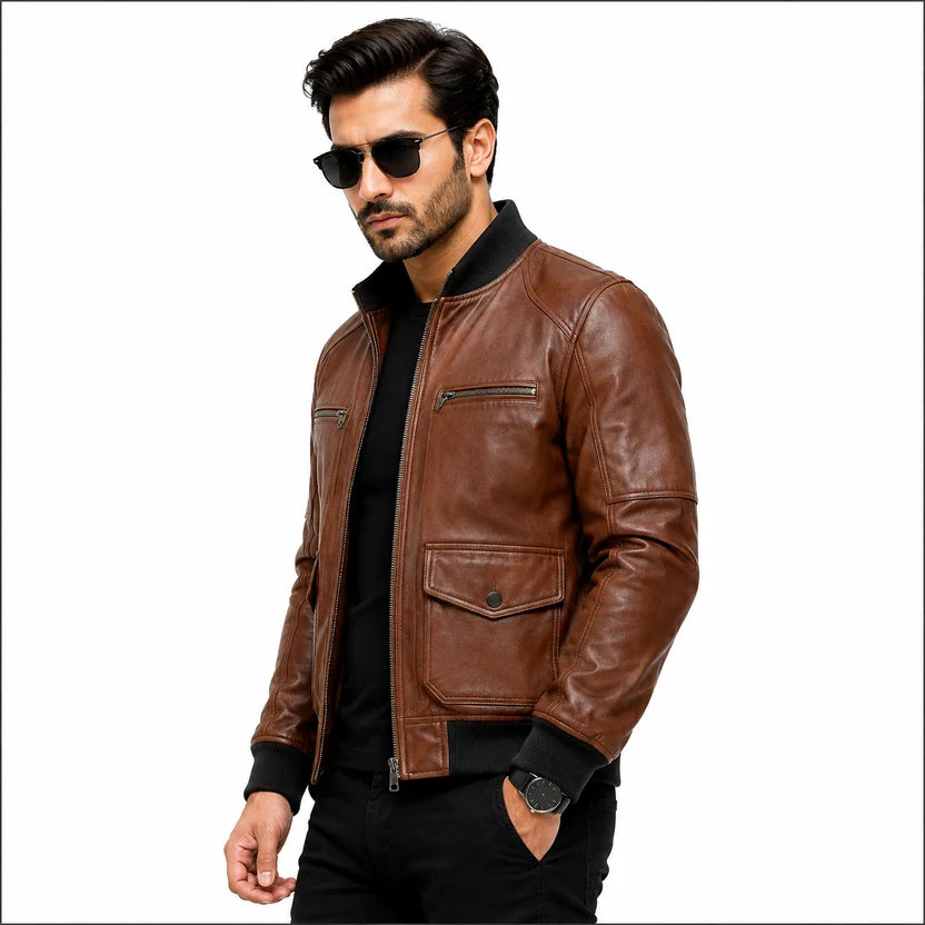 Men's Cognac Brown Leather Bomber Jacket