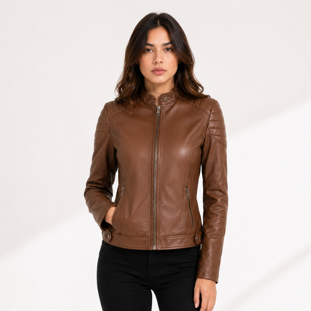 Women's Classic Cognac Brown Cafe Racer Leather Biker Jacket