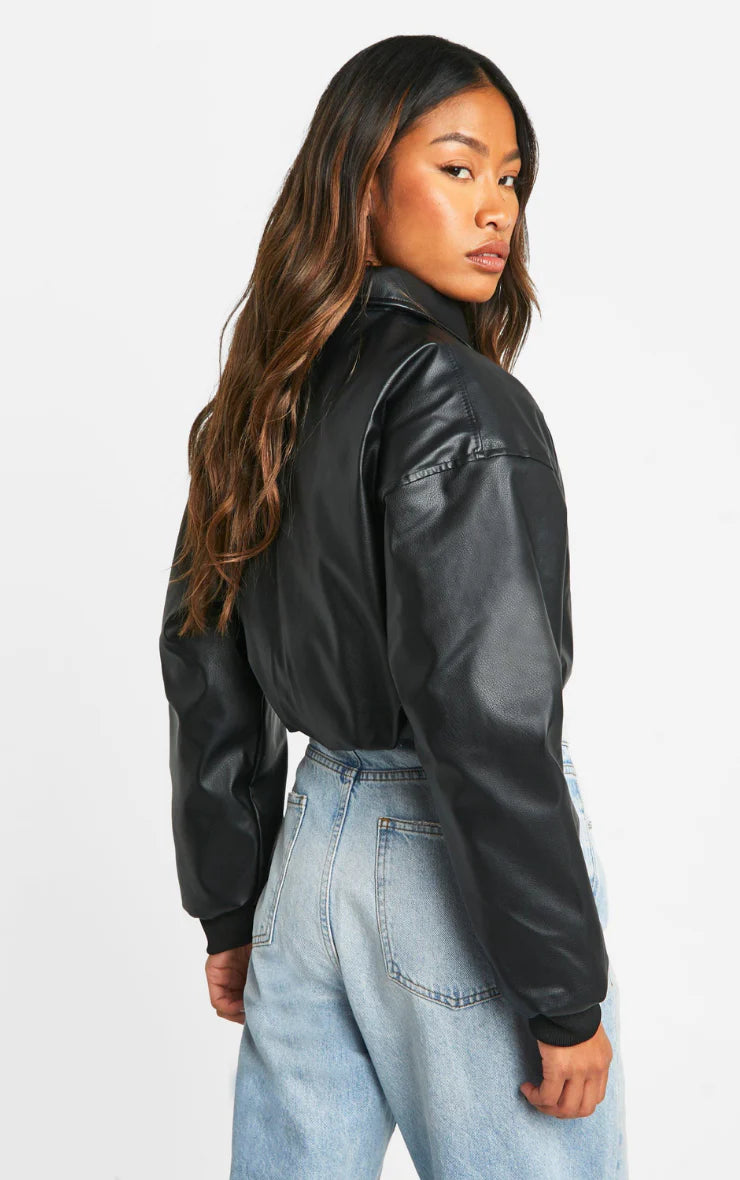 Women's Cropped Faux Leather Bomber Jacket