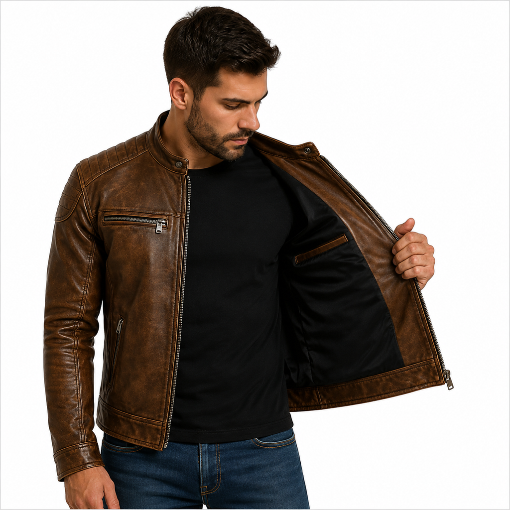Men's Distressed Brown Genuine Leather Cafe Racer Jacket