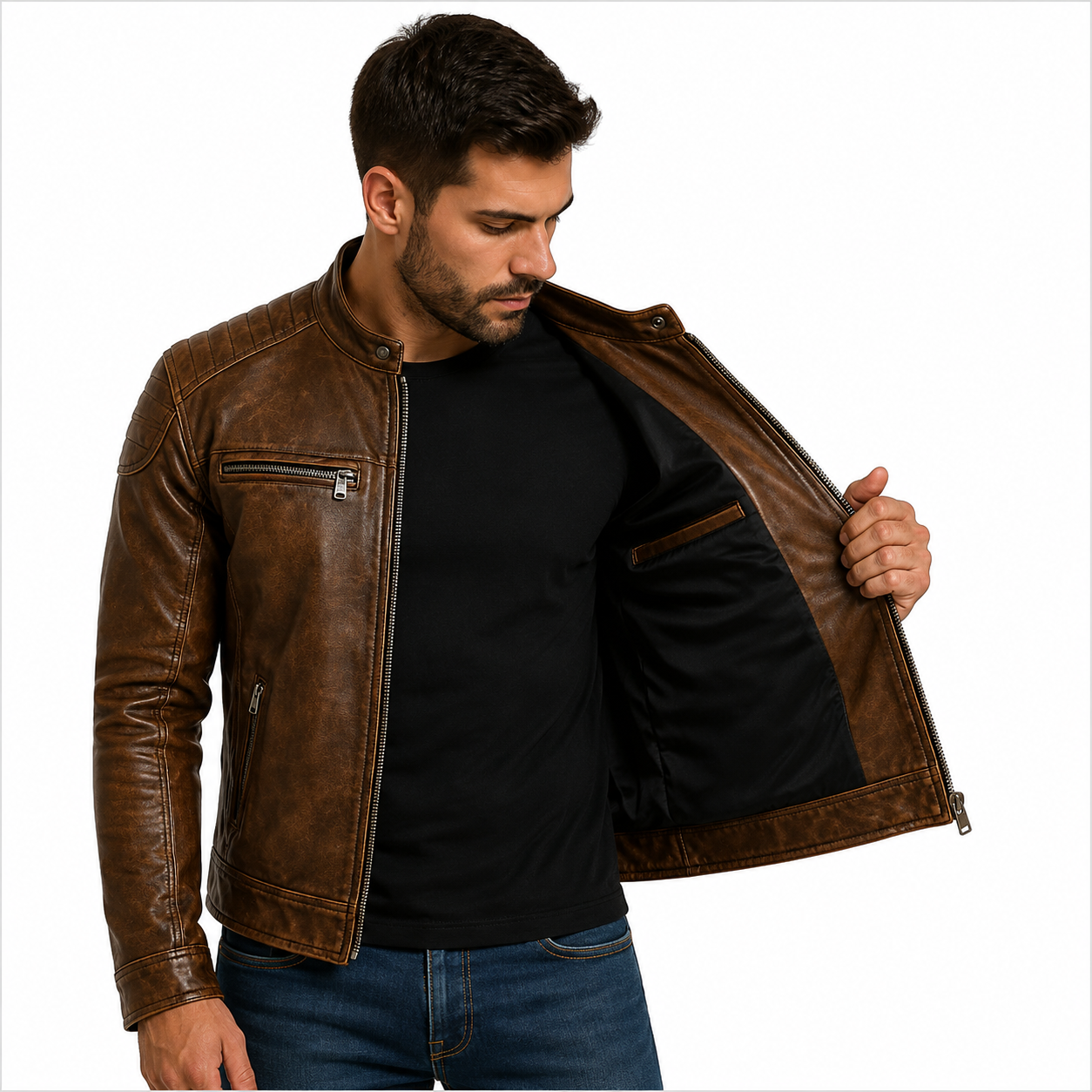 Men's Distressed Brown Genuine Leather Cafe Racer Jacket