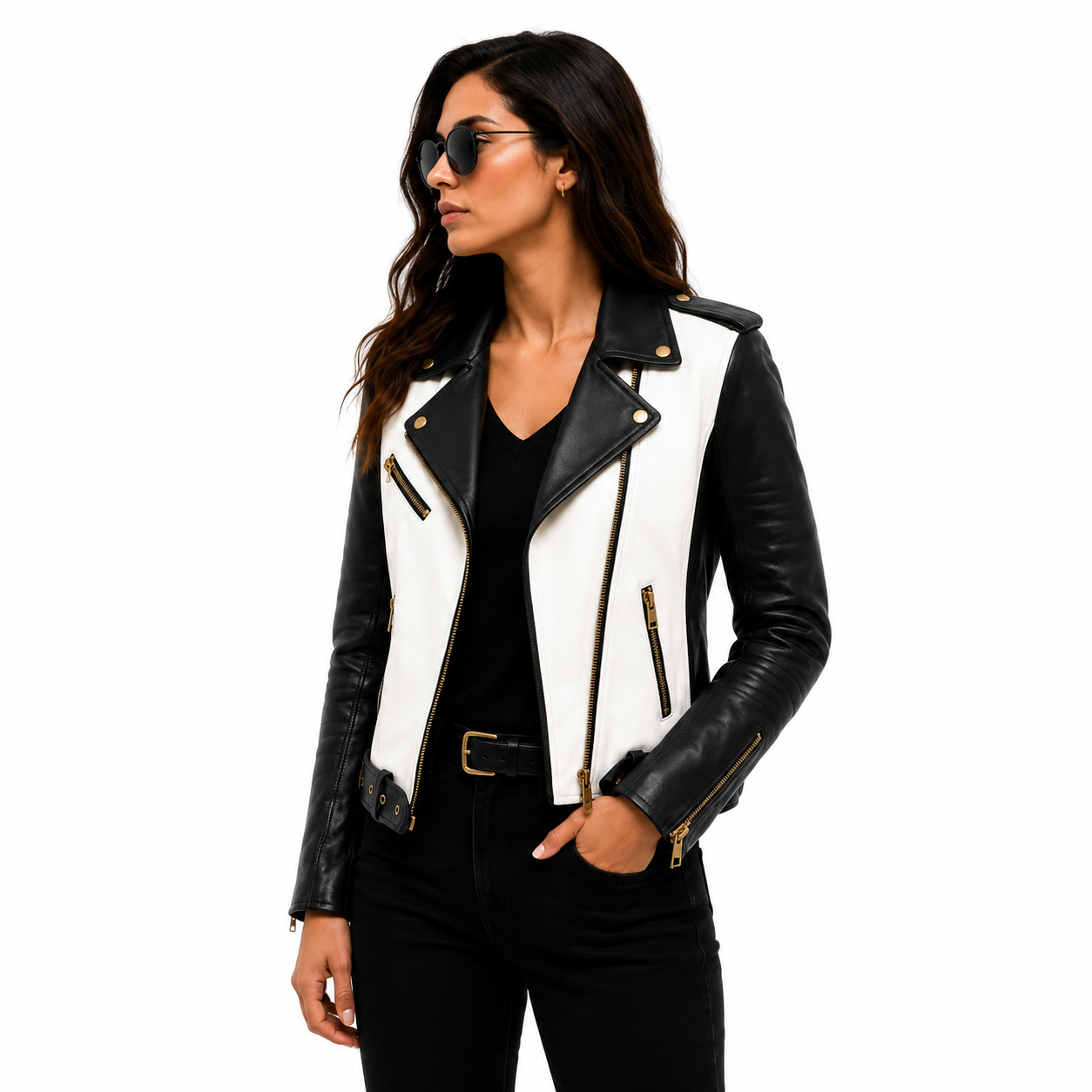 Women's Black & White Biker Leather Jacket