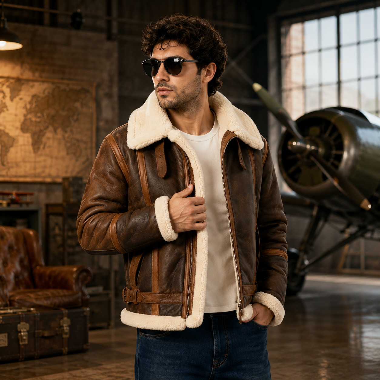 Men's vintage B-3 brown shearling leather aviator jacket
