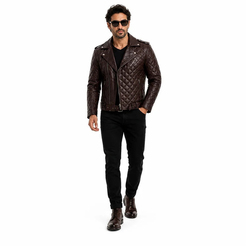 Men's Chocolate Brown Quilted Leather Biker Jacket with Waist Belt