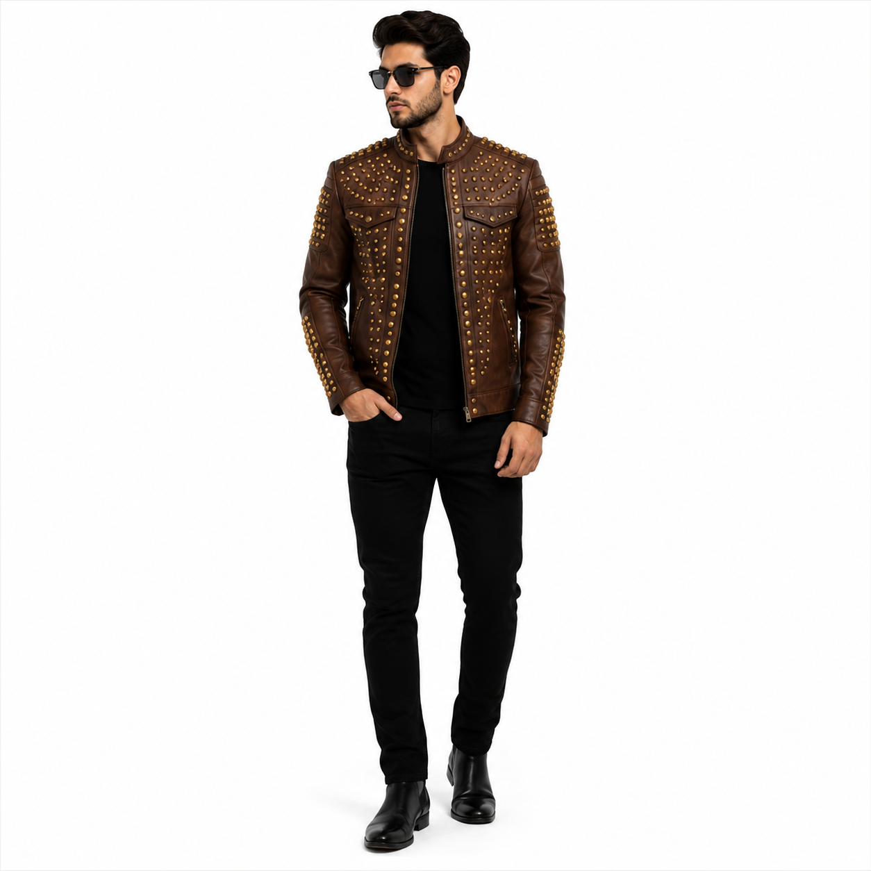 Men's Brown Studded Leather Moto Jacket