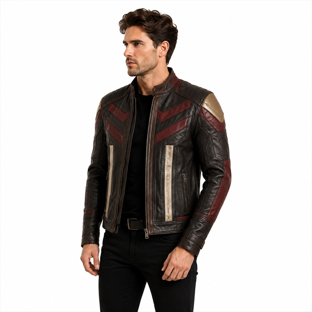 Men's Black Wine Red Gold Panel Genuine Leather Biker Jacket