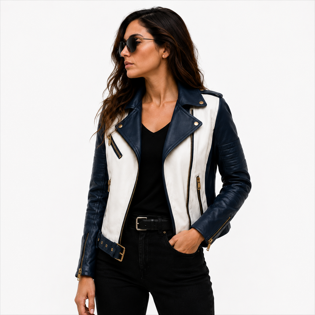Women's Navy Blue & White Biker Leather Jacket