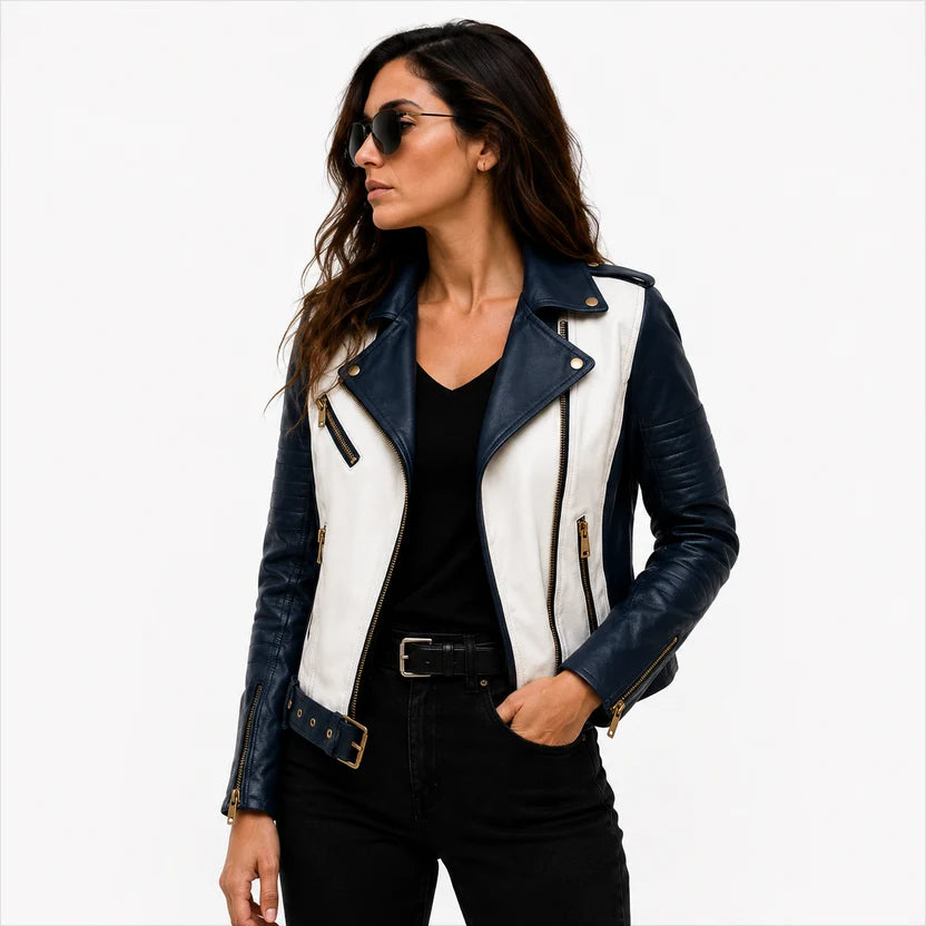women's white and navy blue genuine leather moto jacket