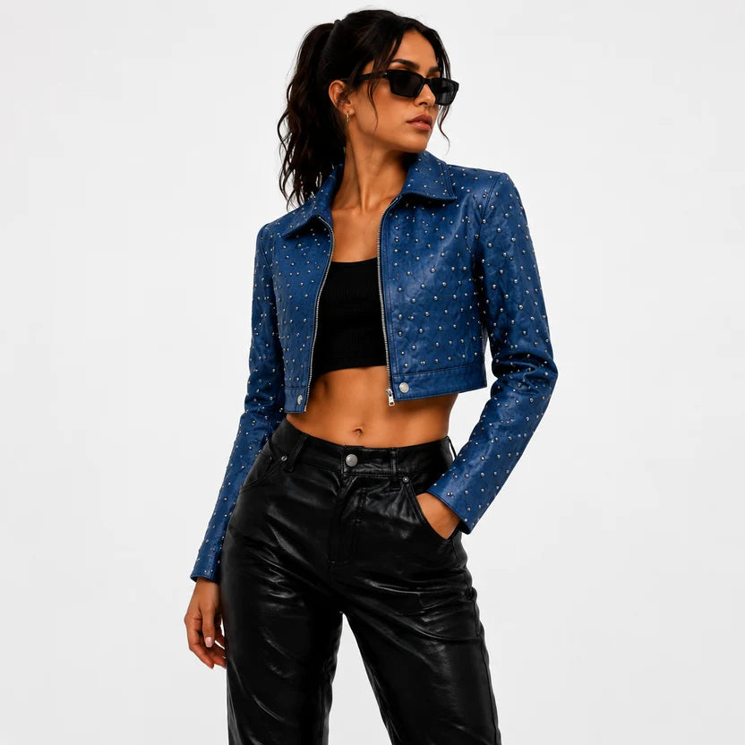 blue quilted studded leather jacket
