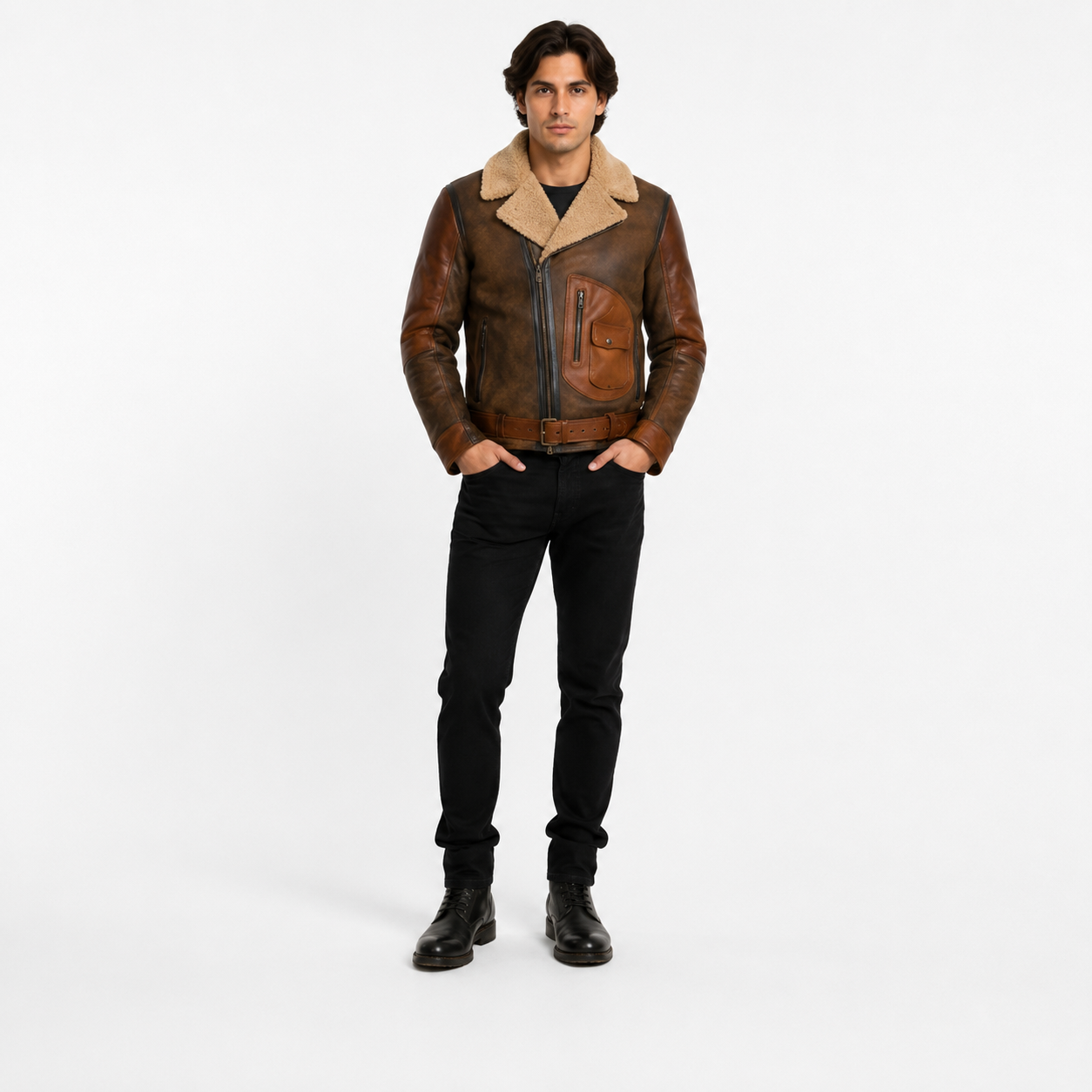 Men's distressed brown shearling aviator jacket