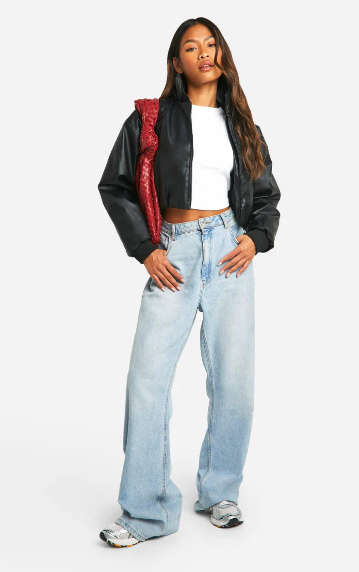 Women's Cropped Faux Leather Bomber Jacket