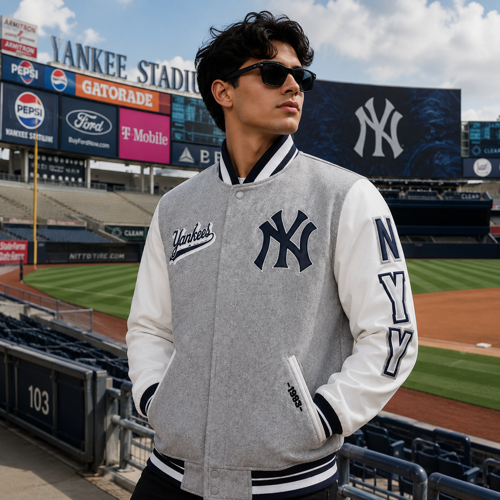 Gray and White New York Yankees MLB Varsity Jacket with NY Logo
