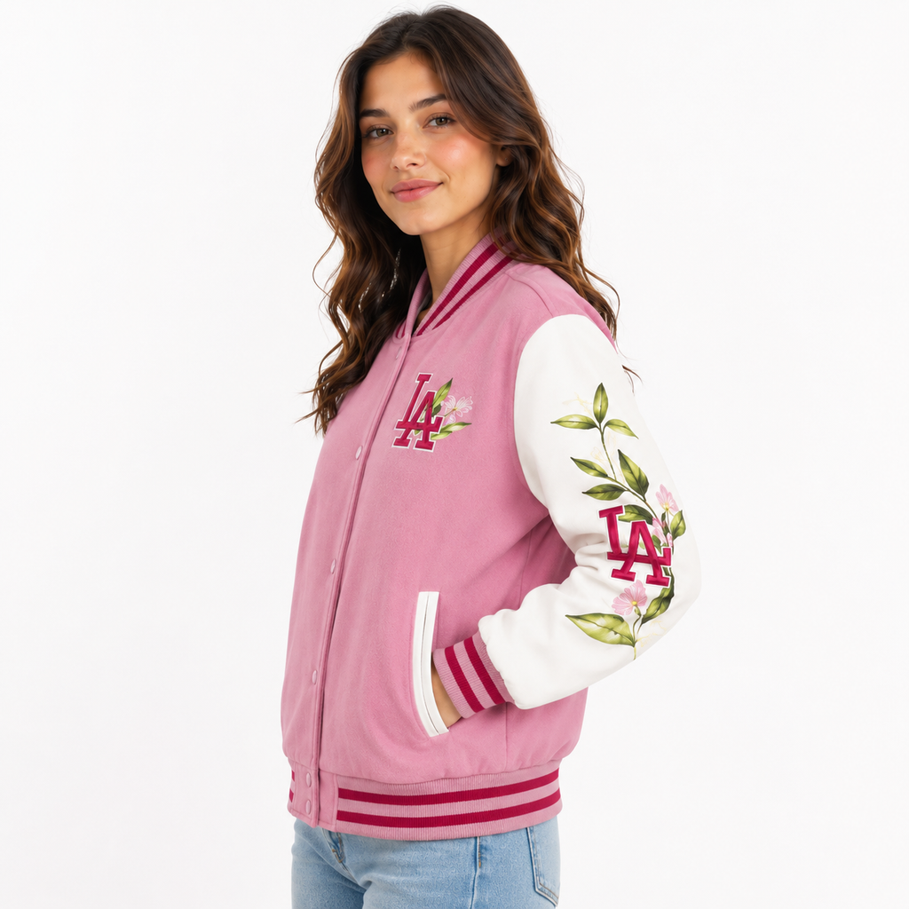Pink Los Angeles LA Varsity Jacket for Women with Floral Sleeves
