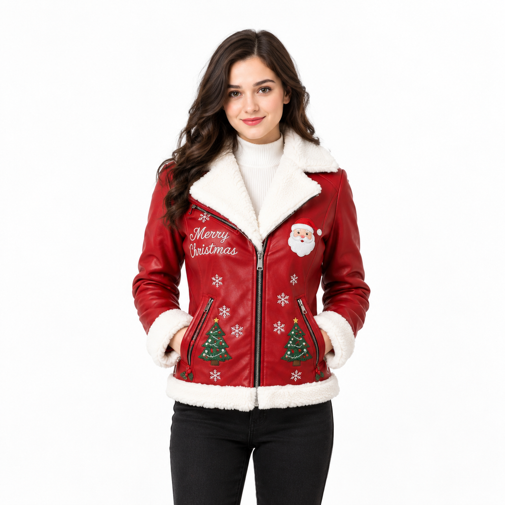 Merry Christmas embroidery and snowflake detail on women's red leather Christmas jacket