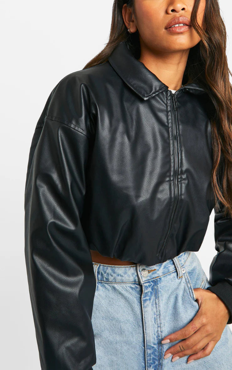 Women's Cropped Faux Leather Bomber Jacket