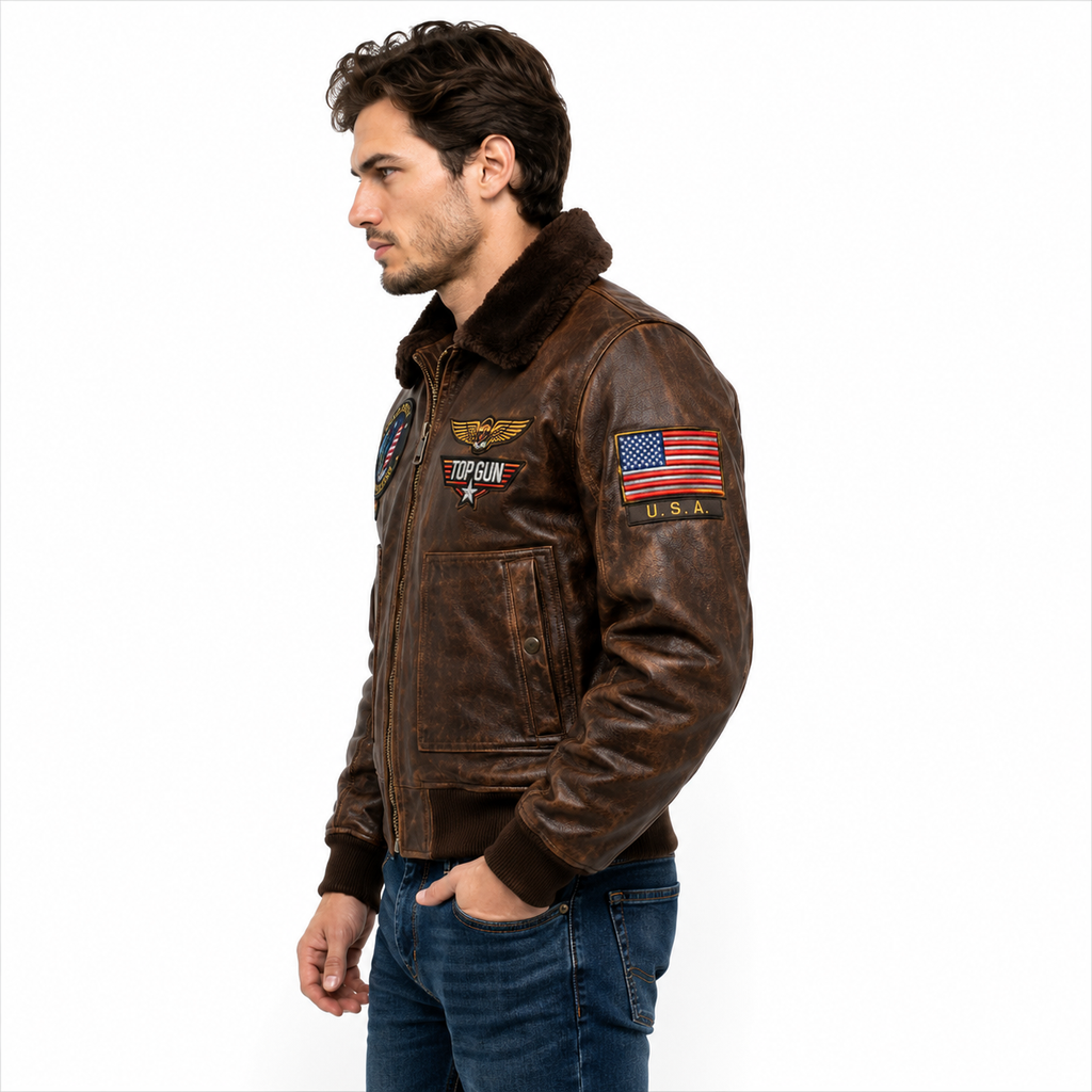 Men's Brown Top Gun Flight Leather Jacket with Faux Fur Collar