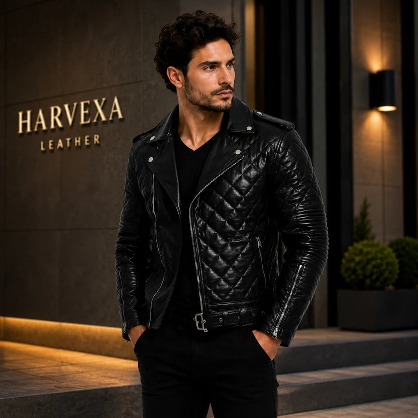 Men's White Leather Quilted Biker Jacket